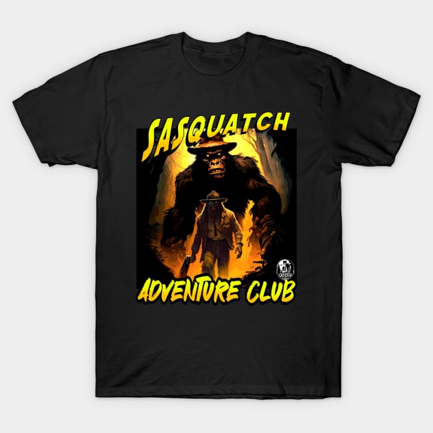 Sasquatch Adventure Club Bigfoot Explorer Action Movie Poster T-Shirt by National Cryptid Society